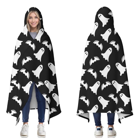 Wearable Blanket,Black Halloween Ghosts and Bats Hooded Wearable Sherpa Blanket for Adults & Teens,Winter Poncho Shawl Wrap Cape Thick Warm,60"x80"