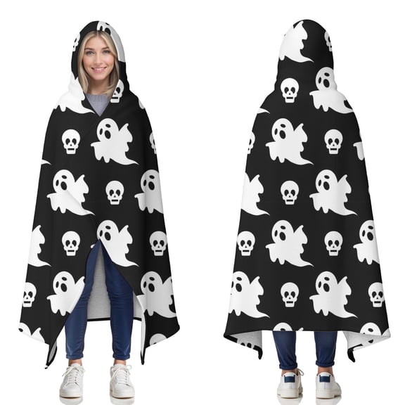 Wearable Blanket,Black Halloween Ghosts and Skulls Hooded Wearable Sherpa Blanket for Adults & Teens,Winter Poncho Shawl Wrap Cape Thick Warm,60"x80"