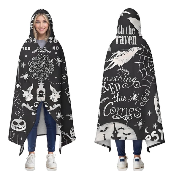 Wearable Blanket,Black Halloween Letter Bat Pattern Hooded Wearable Sherpa Blanket for Adults & Teens,Winter Poncho Shawl Wrap Cape Thick Warm,60"x80"