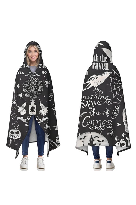 Wearable Blanket,Black Halloween Letter Bat Pattern Hooded Wearable Sherpa Blanket for Adults & Teens,Winter Poncho Shawl Wrap Cape Thick Warm,60"x80"