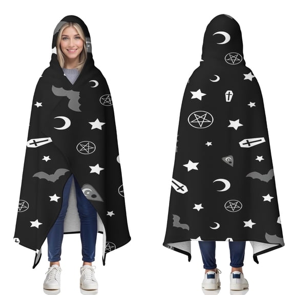 Wearable Blanket,Black Halloween Occult Patterns Hooded Wearable Sherpa Blanket for Adults & Teens,Winter Poncho Shawl Wrap Cape Thick Warm,50"x60"