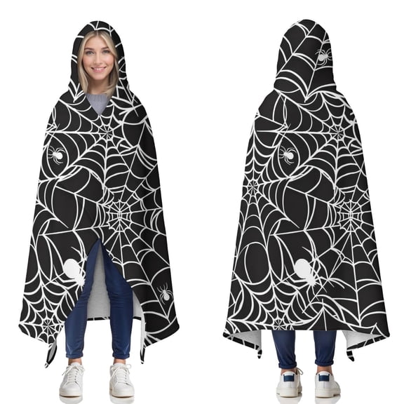Wearable Blanket,Black Halloween Spider Webs Hooded Wearable Sherpa Blanket for Adults & Teens,Winter Poncho Shawl Wrap Cape Thick Warm,50"x60"