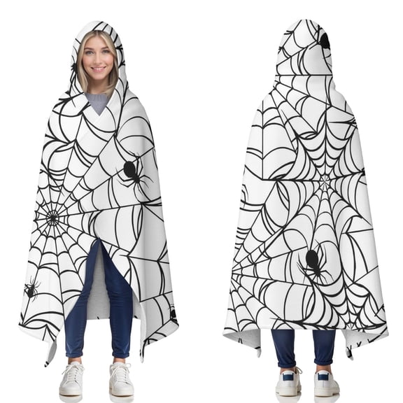 Wearable Blanket,Black Halloween Spider Webs Hooded Wearable Sherpa Blanket for Adults & Teens,Winter Poncho Shawl Wrap Cape Thick Warm,60"x80"