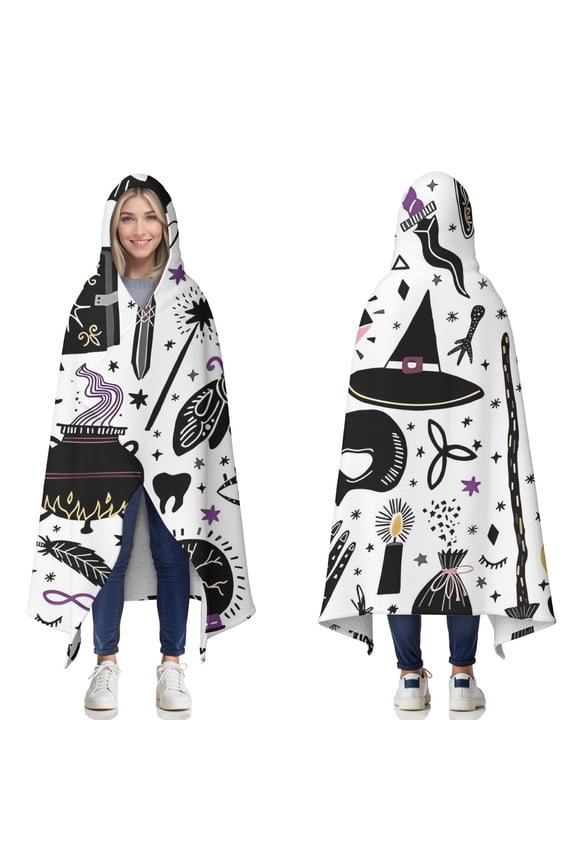Wearable Blanket,Black Halloween Witchcraft Elements Hooded Wearable Sherpa Blanket for Adults & Teens,Winter Poncho Shawl Wrap Cape Thick Warm,50"x60"