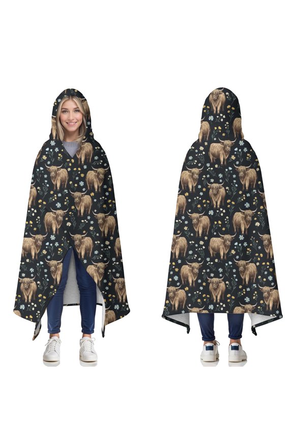 Wearable Blanket,Black Highland Cow Flower Pattern Hooded Wearable Sherpa Blanket for Adults & Teens,Winter Poncho Shawl Wrap Cape Thick Warm,50"x60"