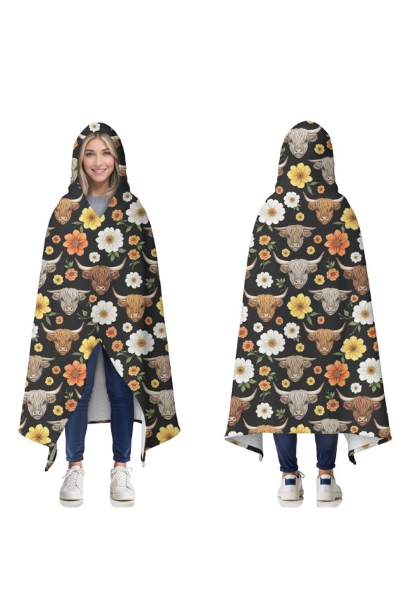 Wearable Blanket,Black Highland Cow Flower Pattern Hooded Wearable Sherpa Blanket for Adults & Teens,Winter Poncho Shawl Wrap Cape Thick Warm,50"x60"