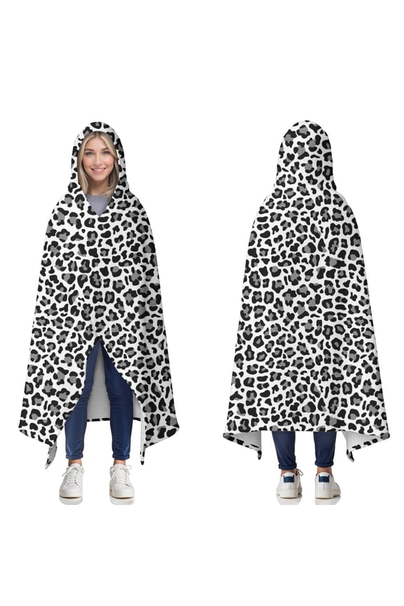 Wearable Blanket,Black Leopard Print Hooded Wearable Sherpa Blanket for Adults & Teens,Winter Poncho Shawl Wrap Cape Thick Warm,50"x60"