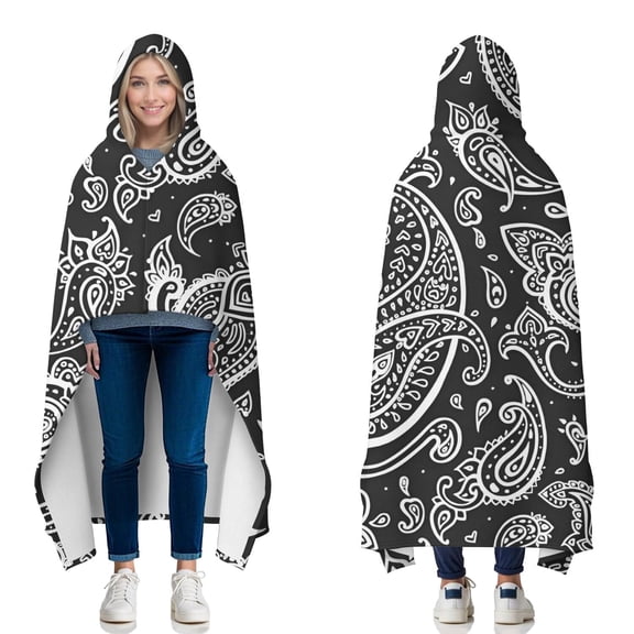 Wearable Blanket,Black Paisley Pattern Hooded Wearable Flannel Blanket for Adults & Teens with Buckle,Winter Poncho Shawl Wrap Cape,60"x80"
