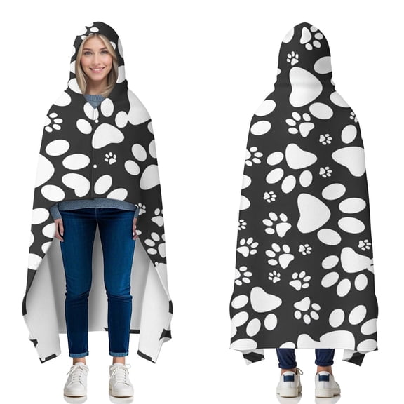 Wearable Blanket,Black Paw Hooded Wearable Flannel Blanket for Adults & Teens with Buckle,Winter Poncho Shawl Wrap Cape,50"x60"