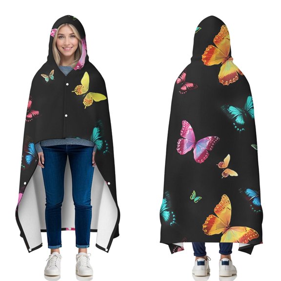 Wearable Blanket,Black Pink Blue Butterfly Pattern Hooded Wearable Flannel Blanket for Adults & Teens with Buckle,Winter Poncho Shawl Wrap Cape,50"x60"