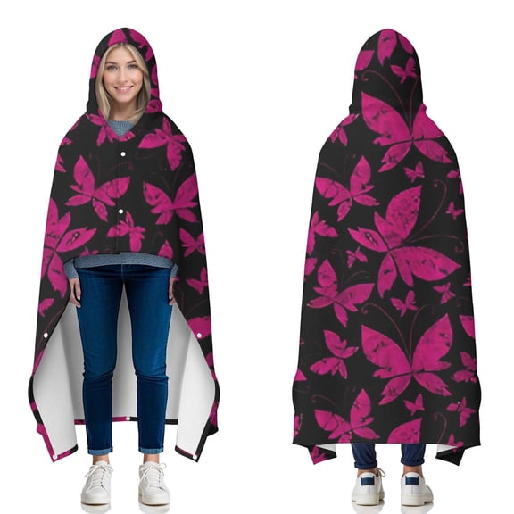 Wearable Blanket,Black Pink Butterfly Pattern Hooded Wearable Flannel Blanket for Adults & Teens with Buckle,Winter Poncho Shawl Wrap Cape,50"x60"