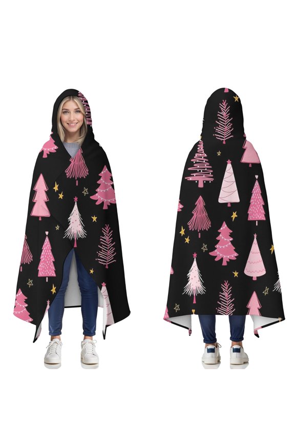 Wearable Blanket,Black and Pink Christmas Tree Pattern Hooded Wearable Flannel Blanket for Adults & Teens,Winter Poncho Shawl Wrap Cape Cozy Anti-Pill,50"x60"