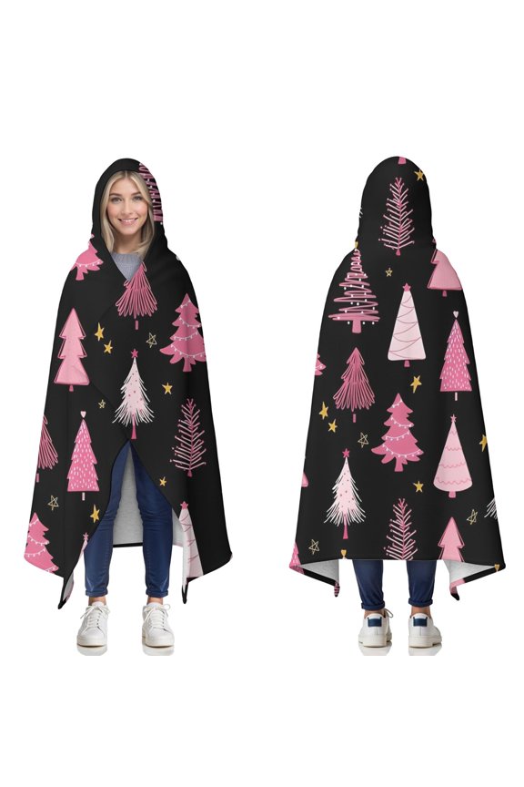 Wearable Blanket,Black and Pink Christmas Tree Pattern Hooded Wearable Sherpa Blanket for Adults & Teens,Winter Poncho Shawl Wrap Cape Thick Warm,50"x60"