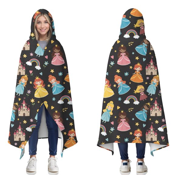 Wearable Blanket,Black Princess Castle Pattern Hooded Wearable Flannel Blanket for Adults & Teens,Winter Poncho Shawl Wrap Cape Cozy Anti-Pill,60"x80"