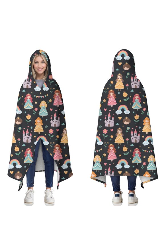 Wearable Blanket,Black Princess Castle Rainbow Pattern Hooded Wearable Sherpa Blanket for Adults & Teens,Winter Poncho Shawl Wrap Cape Thick Warm,60"x80"