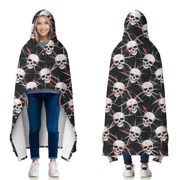 Wearable Blanket,Black Red Skull Burst Pattern Hooded Wearable Flannel Blanket for Adults & Teens with Buckle,Winter Poncho Shawl Wrap Cape,50"x60"