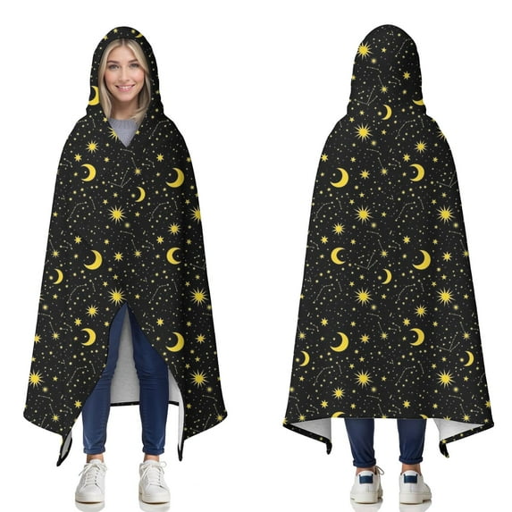 Wearable Blanket,Black Star Moon Pattern Hooded Wearable Sherpa Blanket for Adults & Teens,Winter Poncho Shawl Wrap Cape Thick Warm,60"x80"
