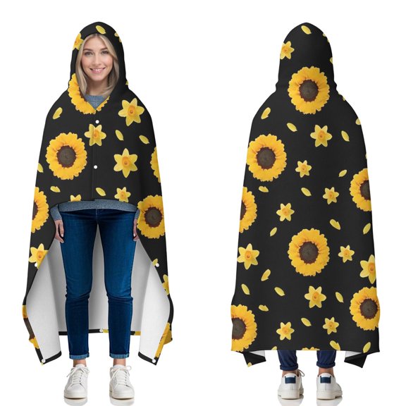 Wearable Blanket,Black Sunflower Daffodil Pattern Hooded Wearable Flannel Blanket for Adults & Teens with Buckle,Winter Poncho Shawl Wrap Cape,50"x60"