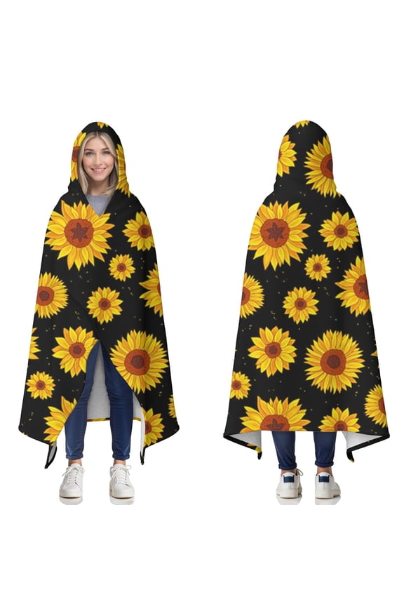 Wearable Blanket,Black Sunflower Pattern Hooded Wearable Sherpa Blanket for Adults & Teens,Winter Poncho Shawl Wrap Cape Thick Warm,60"x80"