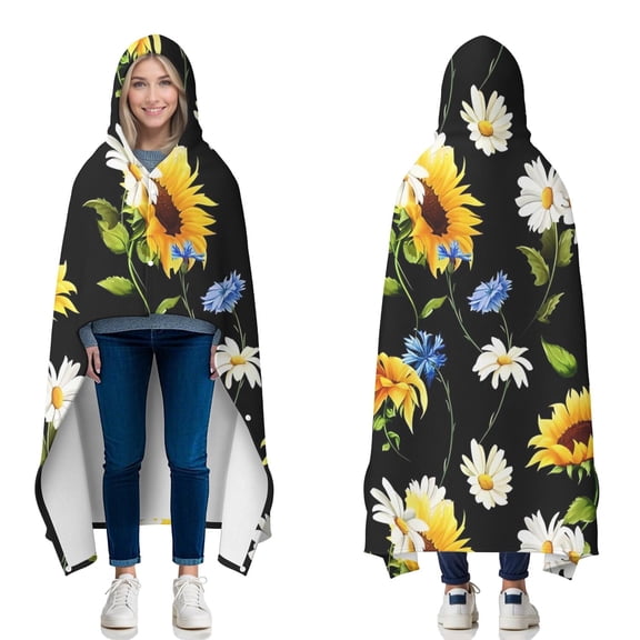 Wearable Blanket,Black Sunflower White Daisy Pattern Hooded Wearable Flannel Blanket for Adults & Teens with Buckle,Winter Poncho Shawl Wrap Cape,50"x60"