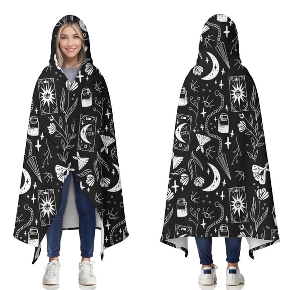 Wearable Blanket,Black Tarot Moon Moth Pattern Hooded Wearable Sherpa Blanket for Adults & Teens,Winter Poncho Shawl Wrap Cape Thick Warm,50"x60"
