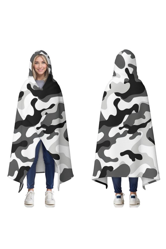 Wearable Blanket,Black White Camo Digital Shapes Pattern Hooded Wearable Sherpa Blanket for Adults & Teens,Winter Poncho Shawl Wrap Cape Thick Warm,60"x80"