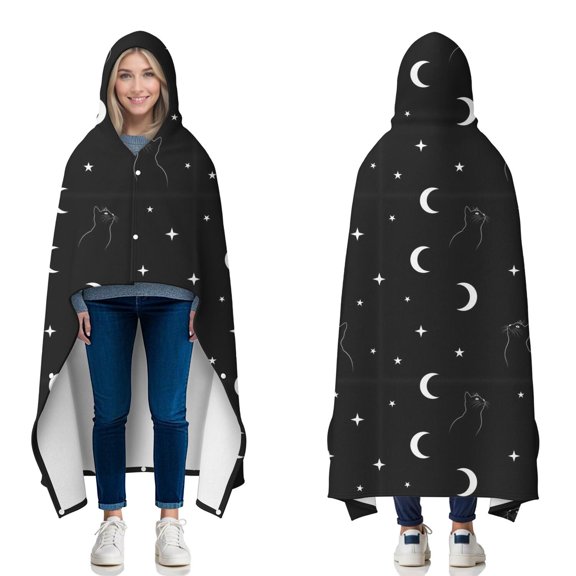 Wearable Blanket,Black White Cat Moon Star Pattern Hooded Wearable Flannel Blanket for Adults & Teens with Buckle,Winter Poncho Shawl Wrap Cape,50"x60"