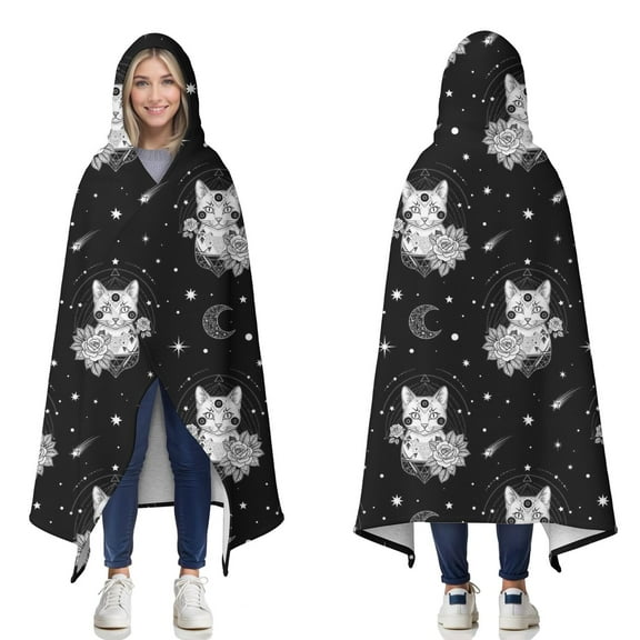 Wearable Blanket,Black White Cat Rose Moon Star Pattern Hooded Wearable Sherpa Blanket for Adults & Teens,Winter Poncho Shawl Wrap Cape Thick Warm,50"x60"