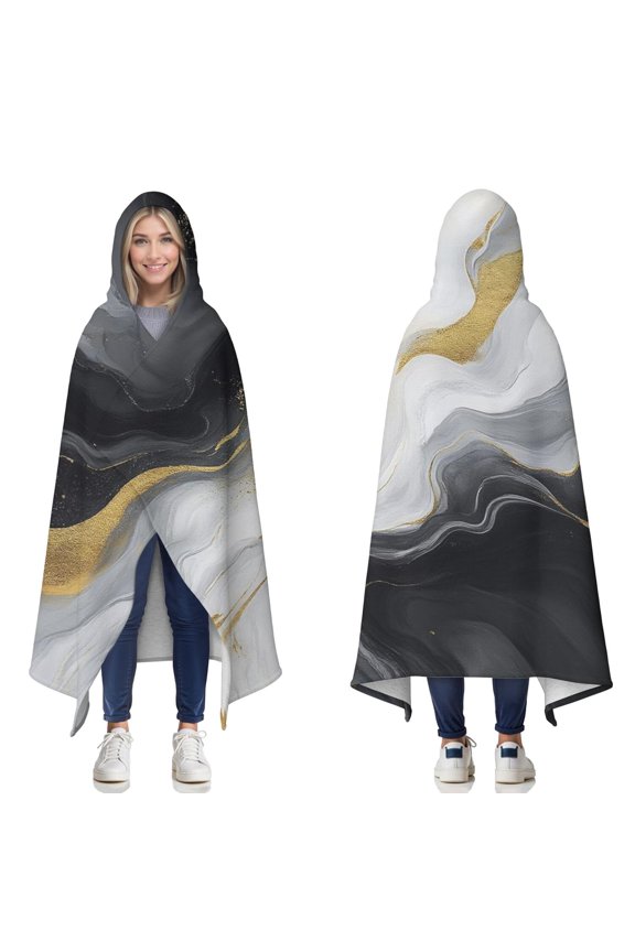 Wearable Blanket,Black White Gold Marble Pattern Hooded Wearable Sherpa Blanket for Adults & Teens,Winter Poncho Shawl Wrap Cape Thick Warm,50"x60"