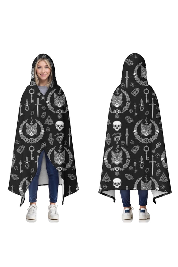 Wearable Blanket,Black White Gothic Cat Skull Key Pattern Hooded Wearable Sherpa Blanket for Adults & Teens,Winter Poncho Shawl Wrap Cape Thick Warm,50"x60"