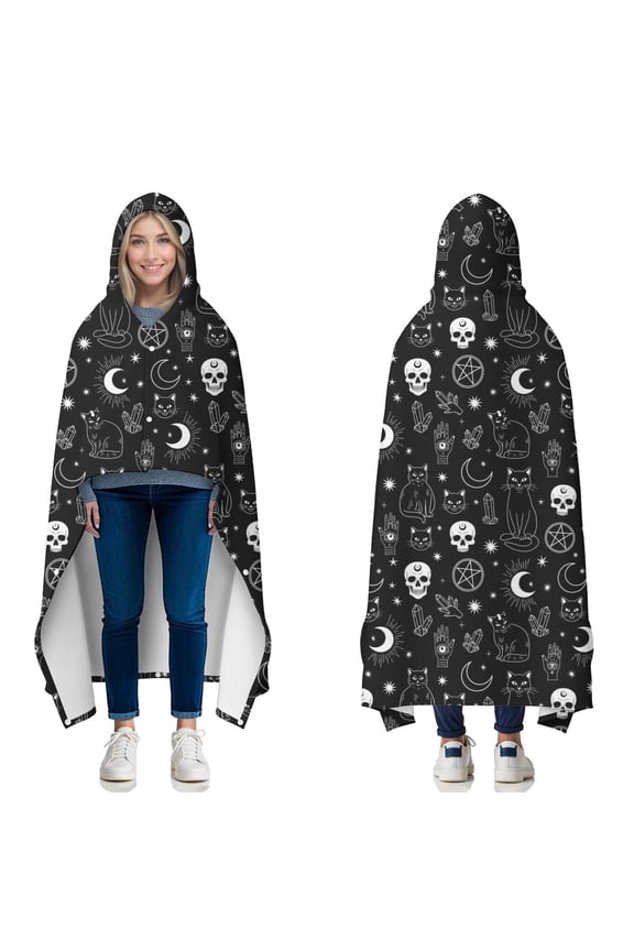 Wearable Blanket,Black White Gothic Cat Skull Moon Pattern Hooded Wearable Flannel Blanket for Adults & Teens with Buckle,Winter Poncho Shawl Wrap Cape,60"x80"