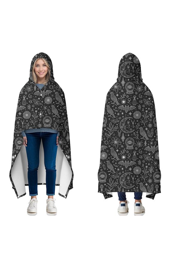 Wearable Blanket,Black White Gothic Crystal Ball Bird Bat Pattern Hooded Wearable Flannel Blanket for Adults & Teens with Buckle,Winter Poncho Shawl Wrap Cape,60"x80"