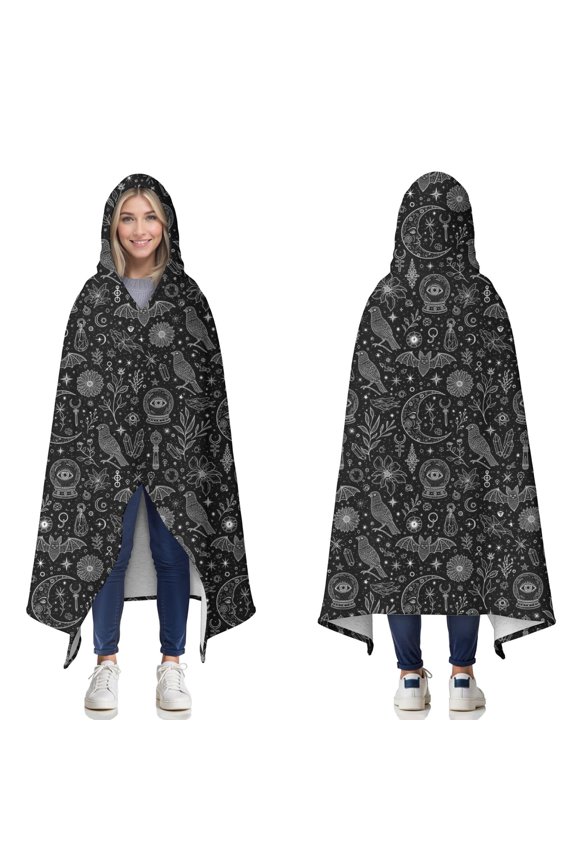 Wearable Blanket,Black White Gothic Crystal Ball Bird Bat Pattern Hooded Wearable Sherpa Blanket for Adults & Teens,Winter Poncho Shawl Wrap Cape Thick Warm,60"x80"