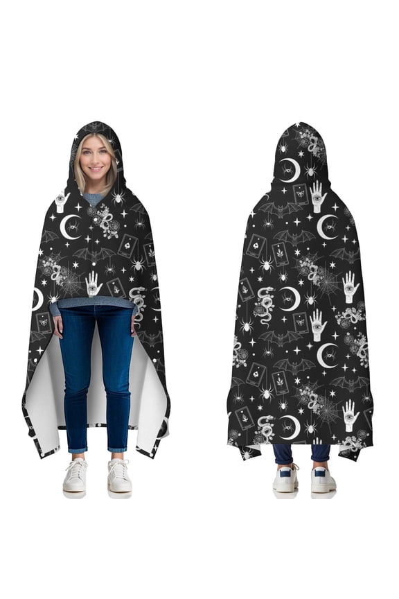 Wearable Blanket,Black White Gothic Hand Snake Bat Pattern Hooded Wearable Flannel Blanket for Adults & Teens with Buckle,Winter Poncho Shawl Wrap Cape,50"x60"