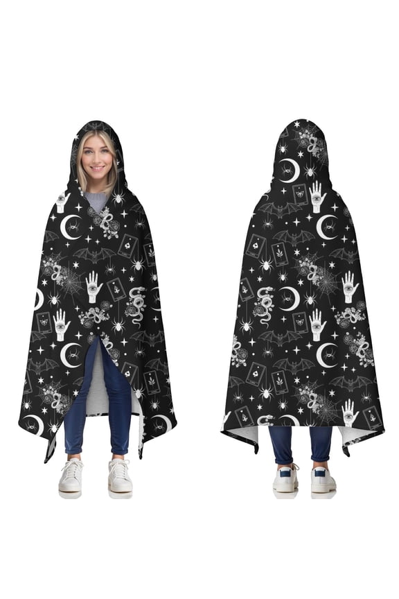 Wearable Blanket,Black White Gothic Hand Snake Bat Pattern Hooded Wearable Sherpa Blanket for Adults & Teens,Winter Poncho Shawl Wrap Cape Thick Warm,60"x80"