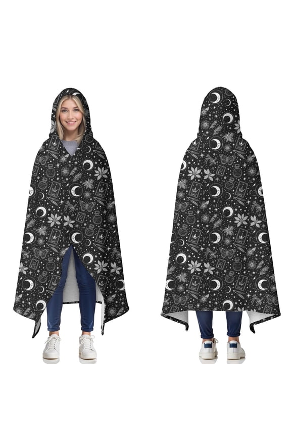 Wearable Blanket,Black White Gothic Moon Flower Card Pattern Hooded Wearable Sherpa Blanket for Adults & Teens,Winter Poncho Shawl Wrap Cape Thick Warm,60"x80"