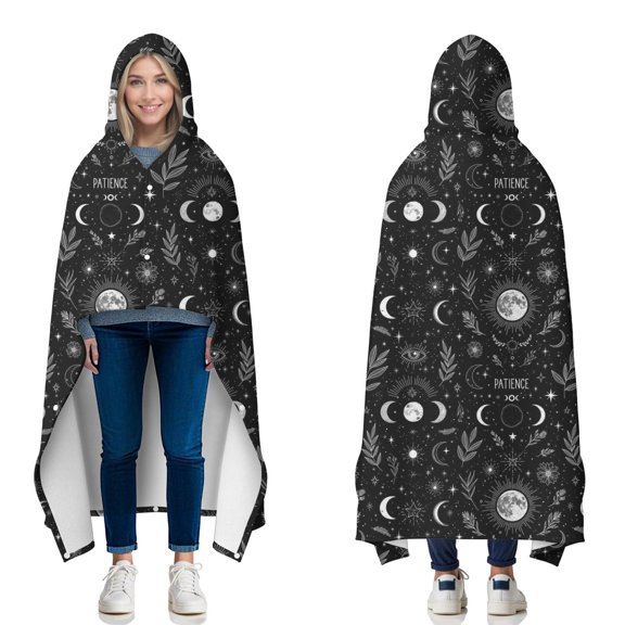 Wearable Blanket,Black White Gothic Moon Flower Leaf Pattern Hooded Wearable Flannel Blanket for Adults & Teens with Buckle,Winter Poncho Shawl Wrap Cape,60"x80"