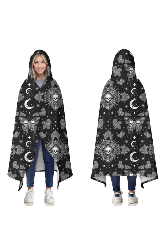 Wearable Blanket,Black White Gothic Skull Butterfly Moon Pattern Hooded Wearable Sherpa Blanket for Adults & Teens,Winter Poncho Shawl Wrap Cape Thick Warm,60"x80"