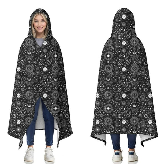 Wearable Blanket,Black White Gothic Sun Moon Pattern Hooded Wearable Sherpa Blanket for Adults & Teens,Winter Poncho Shawl Wrap Cape Thick Warm,60"x80"