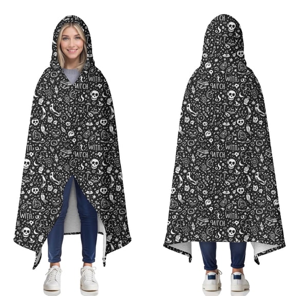 Wearable Blanket,Black White Gothic Witch Skull Pattern Hooded Wearable Sherpa Blanket for Adults & Teens,Winter Poncho Shawl Wrap Cape Thick Warm,50"x60"