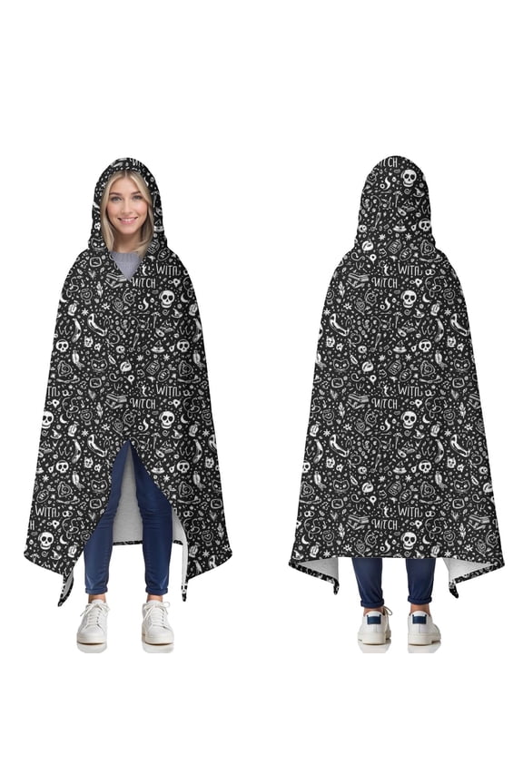 Wearable Blanket,Black White Gothic Witch Skull Pattern Hooded Wearable Sherpa Blanket for Adults & Teens,Winter Poncho Shawl Wrap Cape Thick Warm,50"x60"