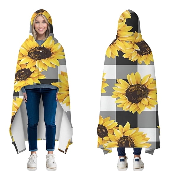 Wearable Blanket,Black White Gray Checker Sunflower Pattern Hooded Wearable Flannel Blanket for Adults & Teens with Buckle,Winter Poncho Shawl Wrap Cape,50"x60"