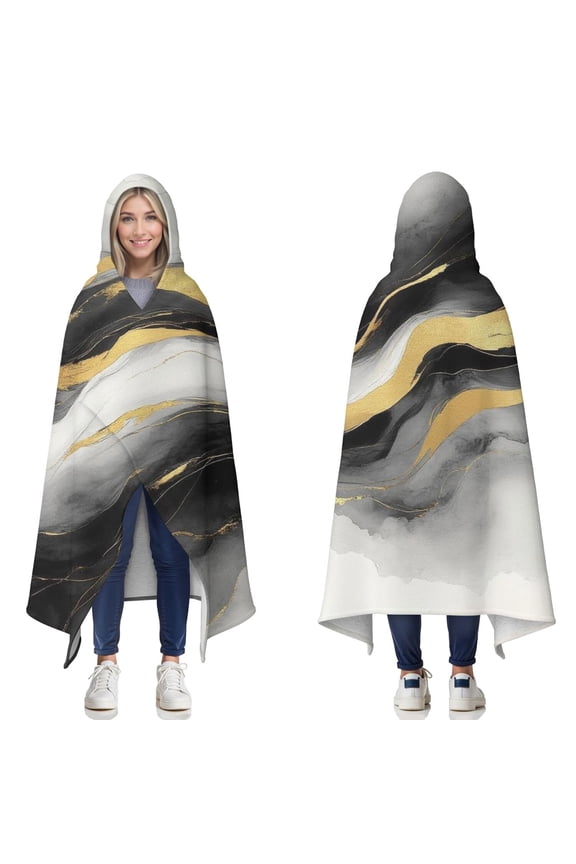 Wearable Blanket,Black White Gray Gold Marble Pattern Hooded Wearable Sherpa Blanket for Adults & Teens,Winter Poncho Shawl Wrap Cape Thick Warm,50"x60"