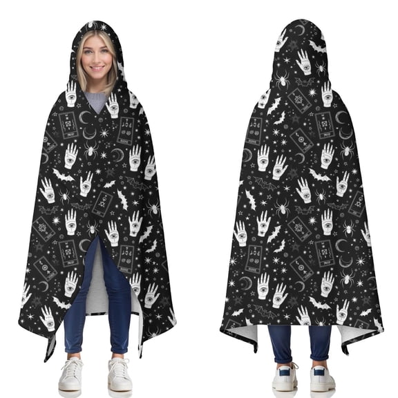 Wearable Blanket,Black White Halloween Hand Tarot Bat Pattern Hooded Wearable Sherpa Blanket for Adults & Teens,Winter Poncho Shawl Wrap Cape Thick Warm,50"x60"