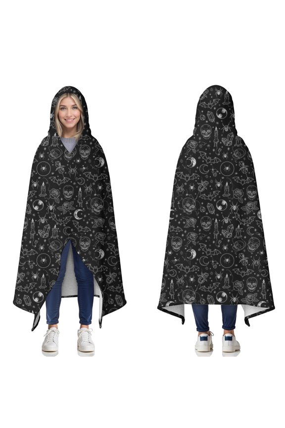 Wearable Blanket,Black White Halloween Skull Bat Moon Pattern Hooded Wearable Sherpa Blanket for Adults & Teens,Winter Poncho Shawl Wrap Cape Thick Warm,50"x60"
