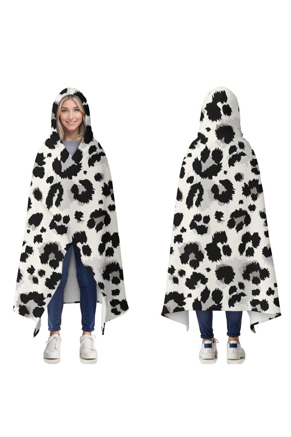 Wearable Blanket,Black and White Leopard Pattern Hooded Wearable Flannel Blanket for Adults & Teens,Winter Poncho Shawl Wrap Cape Cozy Anti-Pill,60"x80"