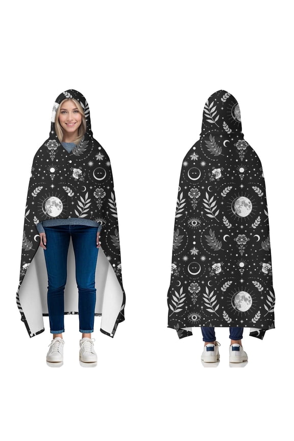 Wearable Blanket,Black White Moon Leaf Flower Eye Pattern Hooded Wearable Flannel Blanket for Adults & Teens with Buckle,Winter Poncho Shawl Wrap Cape,50"x60"