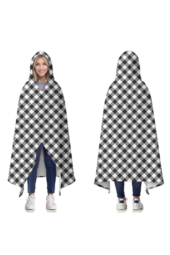 Wearable Blanket,Black White Small Checkered Pattern Hooded Wearable Sherpa Blanket for Adults & Teens,Winter Poncho Shawl Wrap Cape Thick Warm,50"x60"