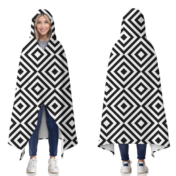 Wearable Blanket,Black White Square Checkered Pattern Hooded Wearable Flannel Blanket for Adults & Teens,Winter Poncho Shawl Wrap Cape Cozy Anti-Pill,60"x80"