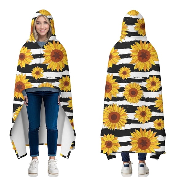 Wearable Blanket,Black White Stripe Sunflower Pattern Hooded Wearable Flannel Blanket for Adults & Teens with Buckle,Winter Poncho Shawl Wrap Cape,50"x60"